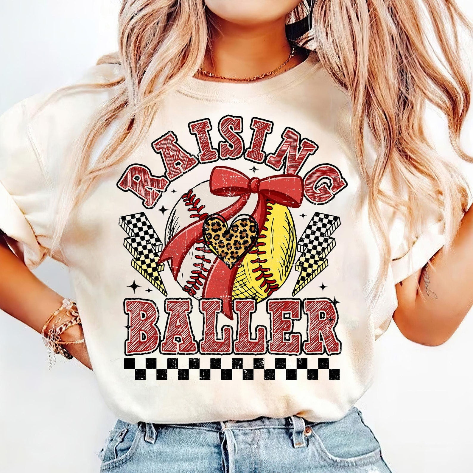Retro Softball Baseball Shirt, Raising Ballers Tee, Funny Game Day Softball Mom Shirt, Coquette Baseball Bow T-Shirt for Women