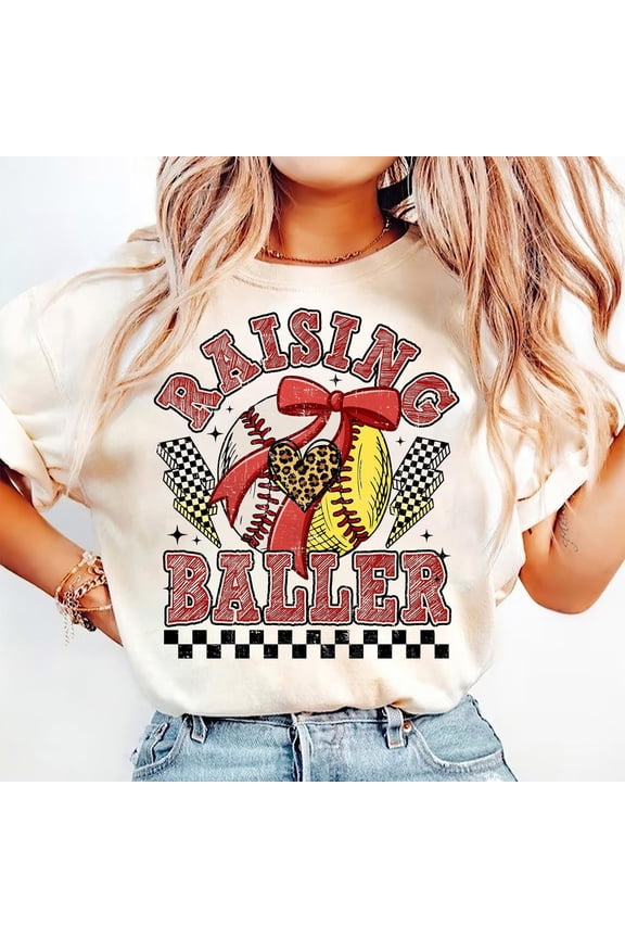Retro Softball Baseball Shirt, Raising Ballers Tee, Funny Game Day Softball Mom Shirt, Coquette Baseball Bow T-Shirt for Women