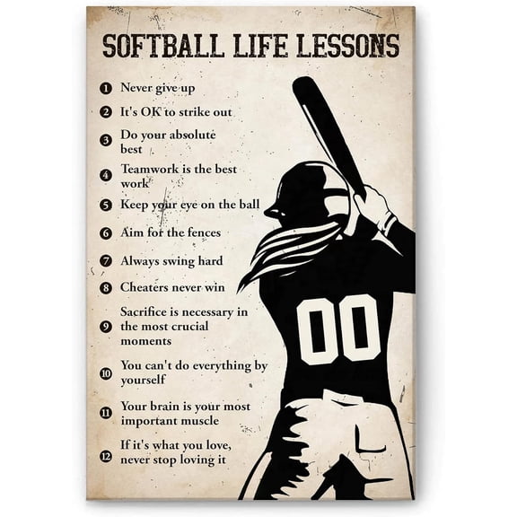 Retro Softball Life Lessons Metal Wall Art Sign, 8 x 12 Inch Rustic Aluminum Decor with Framed Matte Finish for Bedroom or Home Display