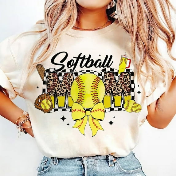 Retro Softball Mama T-Shirt, Game Day Bow Tee, Coquette Checkered Softball Shirt, Preppy Sports Mom Shirt, Cute Softball Fan T-Shirt