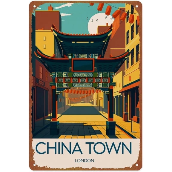 Retro Soho London Chinatown Landscape Metal Tin Sign Wall Decor 12x8 Inches