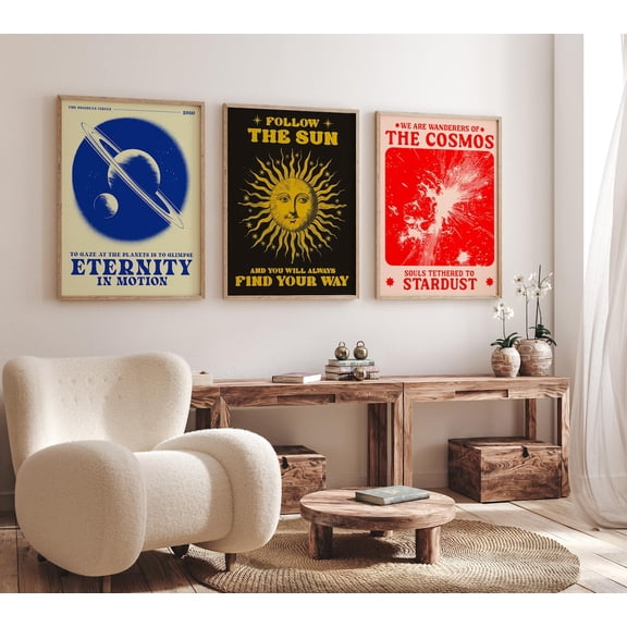 Retro Solar Sun Face Art Print Celestial Mysticism Set 3 Stretched Canvas 16x24