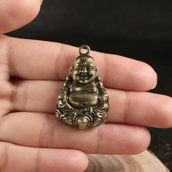 Retro Solid Brass Maitreya Buddha Pendant Mini Pocket Statue Vintage Style Buddhist Amulet Portable Decor for Men and Women