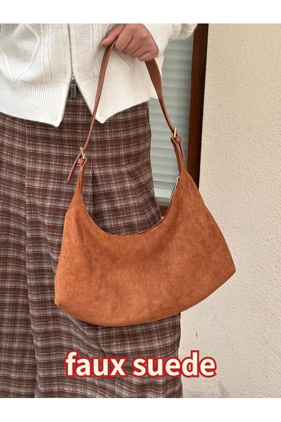 Retro Solid Color Faux Suede Women's Shoulder Bag Casual Velvet Ladies Underarm Bags Simple Female Handbags Tote Clutch Purse