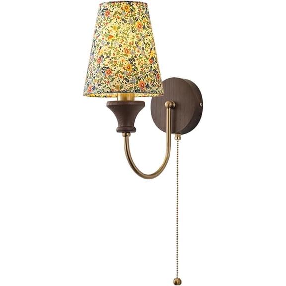 Retro Solid Wood Wall Sconce Vintage Home Decor Lighting Fixture with Pull Chain Switch and Flower Patterned Fabric Lampshade, Japanese-Style Walnut Wood Art Wall Lamp for Bedroom Loft