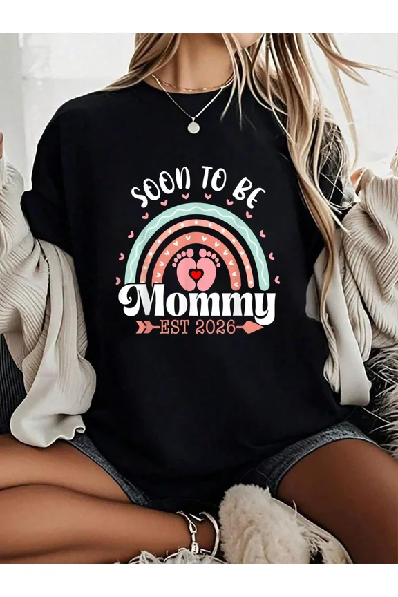 Retro Soon To Be Mommy Est 2026 T-Shirt Cute Rainbow Pregnancy Announcement Graphic Tee Expecting Mother Apparel Casual Women's Short Sleeve Top