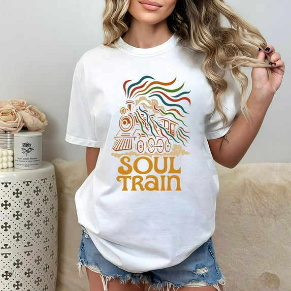 Retro Soul Train Graphic Tee T Shirt Top Locomotive Colorful Cotton Short Sleeve Crew Neck White S-5XL