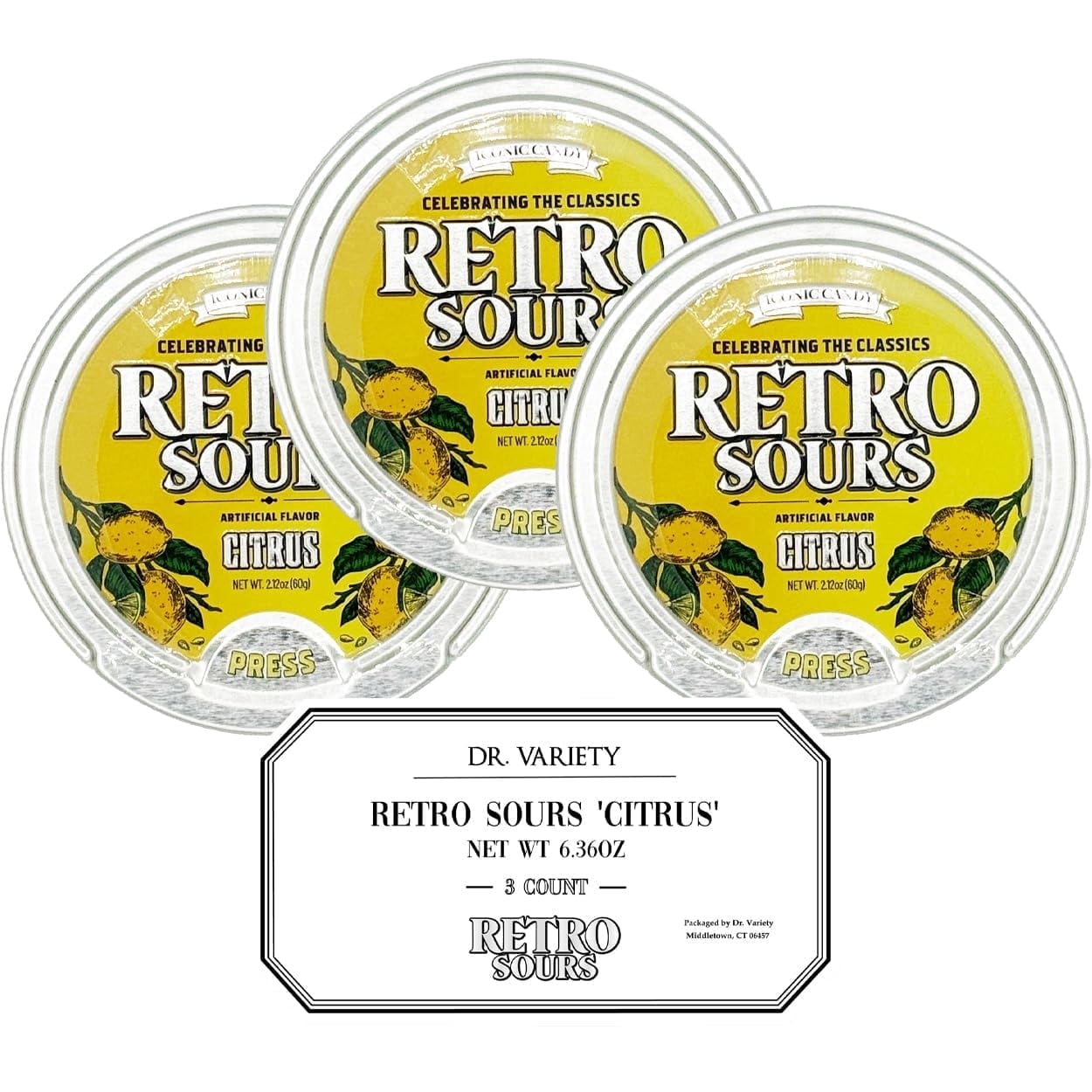 Retro Sours Citrus Lemon Candy 3-Pack – Nostalgic Hard Candy Tins, Mouth-Puckering Sour Drops, Tangy Lemon Treats for Parties, Stocking Stuffers, Buffets
