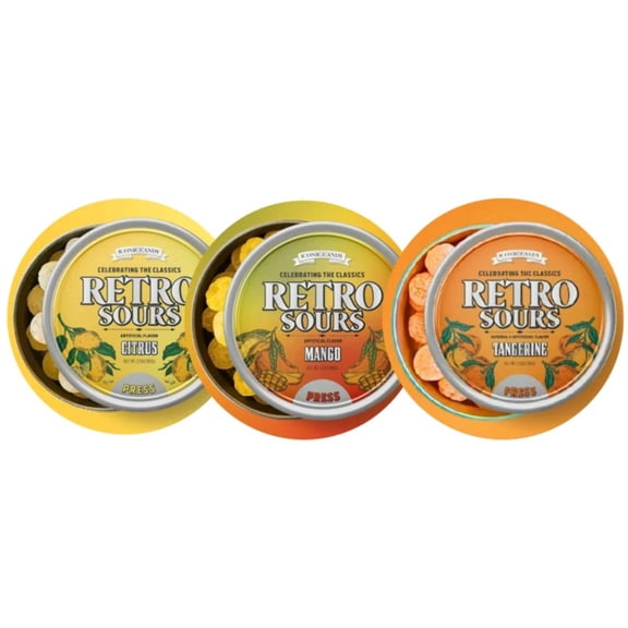 Retro Sours Tin Can  Mango, Tangerine, & Citrus (Assorted 3 Pack) - Classic Hard Candy in Bold Fruity Flavor