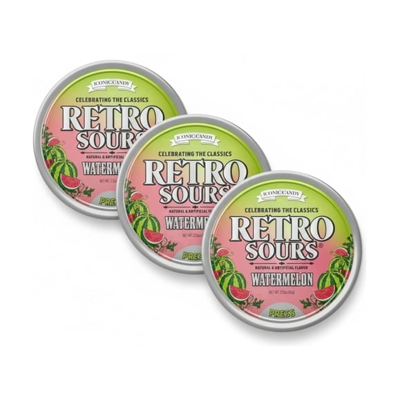 Retro Sours Watermelon Hard Candy, Tangy Sour Candy Gift Set, Vintage Retro Tins, 3-Pack (60g Each)