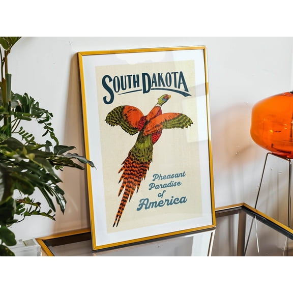 Retro South Dakota Pheasant Wall Art, Unframed Paper Print Size 8x12