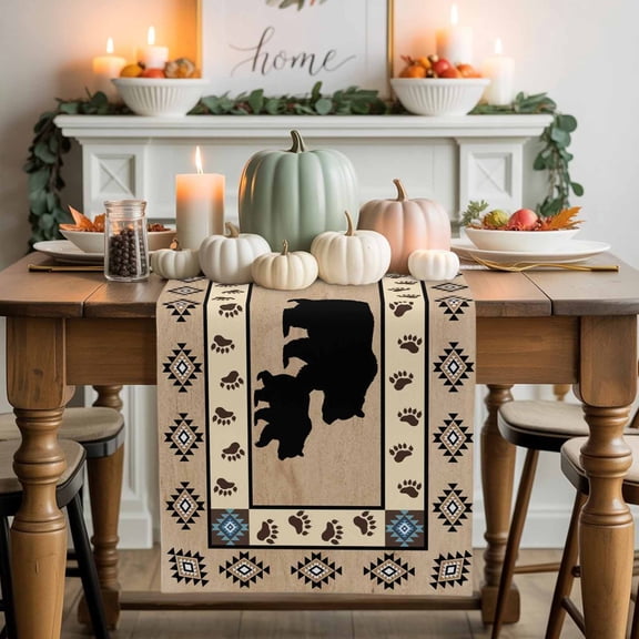 Retro Southwest Bear Cotton Linen Table Runner, Washable Table Runners for Kitchen, Dining Room, Holiday, Home Party Table Decor, 13x36 Inches