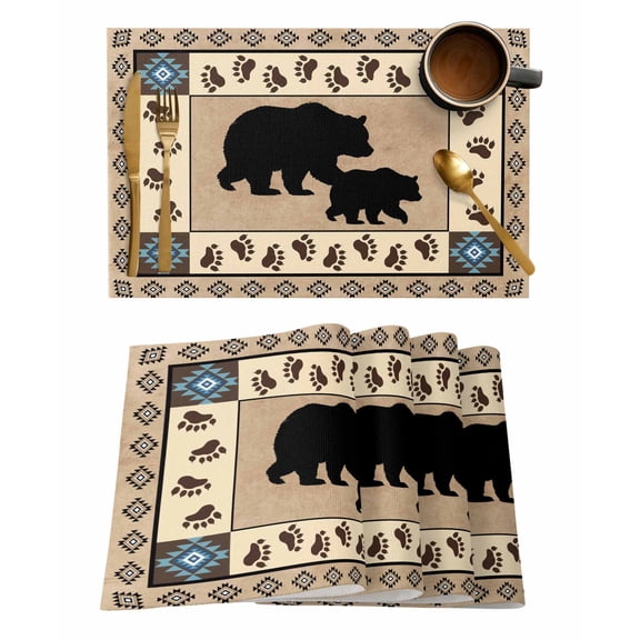 Retro Southwest Bear Placemats Set of 4 Classic Brown Retro Art Heat Insulation Washable Place Mats, Rustic Non-Slip Table Mats for Dining Table Party Kitchen Decor,13x19 Inch