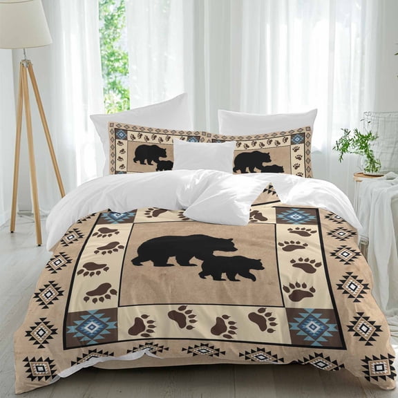 Retro Southwest Bear Twin Size Comforter Set, Classic Brown Retro Art Bedding for All Seasons, 4 Pcs Bed Set, 1 Quiltcover (68"x86") ,1Sheet(67"x116"), 2Pillowcases (30"x20")