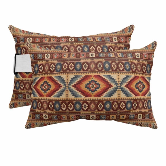 Retro Southwest Outdoor Pillows for Chaise Lounge Chair Beach Headrest Pillow Set of 2 Waterproof Lumbar Pillows with Insert&Strap Boho Aztec Tribal Abstract Geometric Pillow for Patio Pool 12"x20"