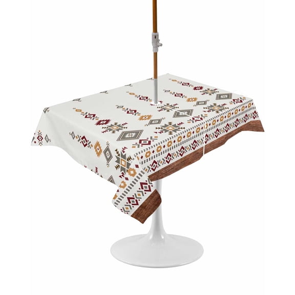 Retro Southwest, Rectangle Outdoor Tablecloth, Waterproof Table Cloth Cover with Umbrella Hole and Zipper, Geometric Abstract Bohemia Native Tribal Table Protector for Patio Party Picnic 60"x84"