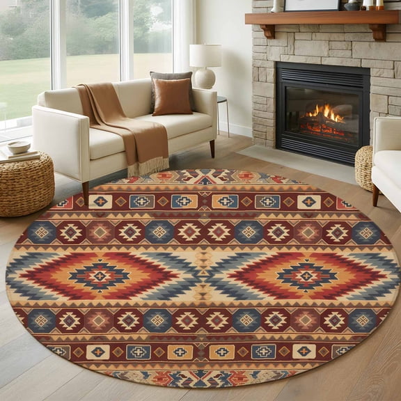 Retro Southwest Round Area Rug 5ft, Boho Aztec Tribal Abstract Geometric Washable Non-Slip Circle Rugs for Bedroom Living Room Kitchen, Soft Low Pile Carpet for Dining Room Playroom Nursery