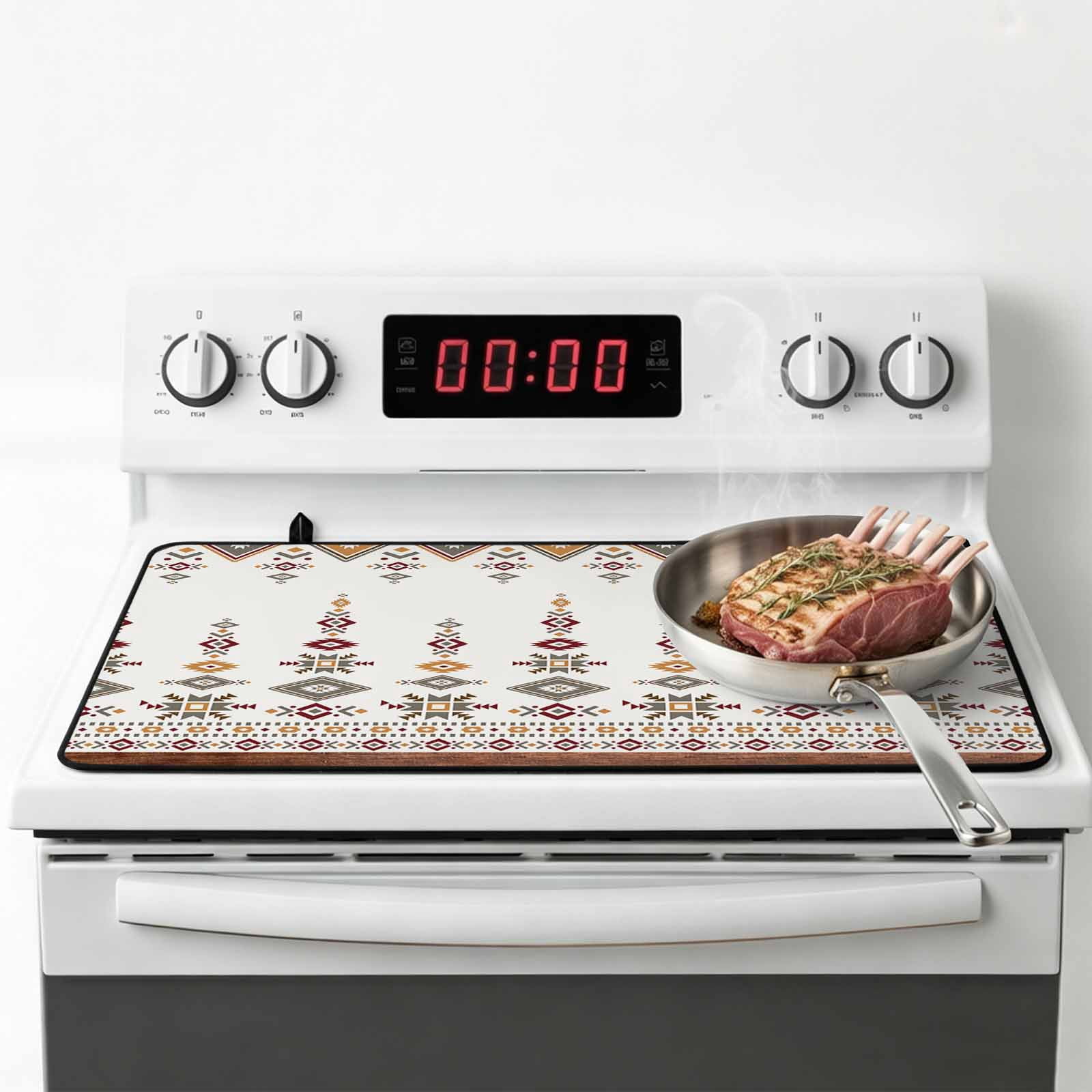 Retro Southwest, Stove Top Cover for Electric Stove, Heat-proof & Non Slip Glass Top Stove Cover Protector, Geometric Abstract Bohemia Native Tribal Kitchen Flat Cooktop Rubber Mat 24x21 Inches