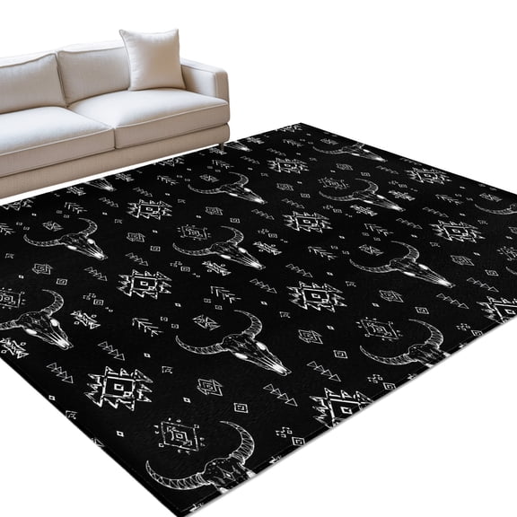 Retro Southwestern Area Rug, Bull Skull Tribal Geometric Black White Non-Slip Felt Rubber Backing Rectangle Indoor Carpet Washable Rugs for Living Room Bedroom 9x12
