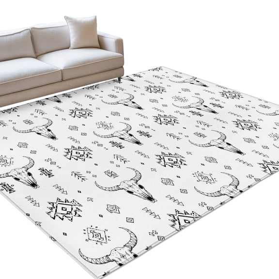 Retro Southwestern Area Rug, Bull Skull Tribal Geometric White and Black Non-Slip Felt Rubber Backing Rectangle Indoor Carpet Washable Rugs for Living Room Bedroom 9x12