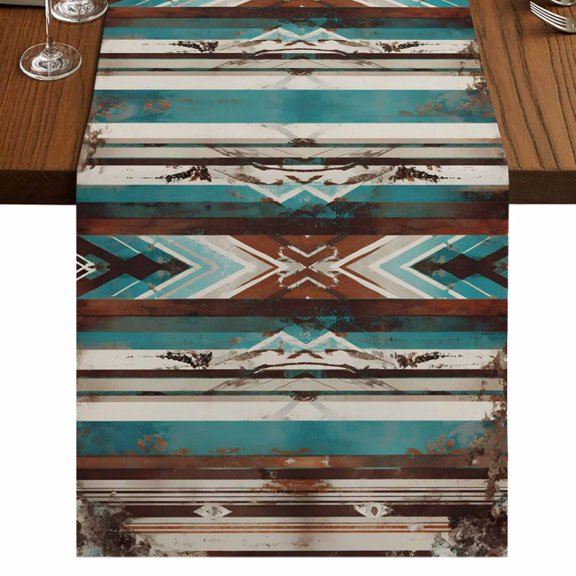 Retro Southwestern Burlap Cotton Table Runner 13x108 Inches Long, Abstract Boho Rustic Ethnic Tribal Stripe Farmhouse Table Runners, Outdoor Dining Table Decor for Baby Shower/Party/Wedding