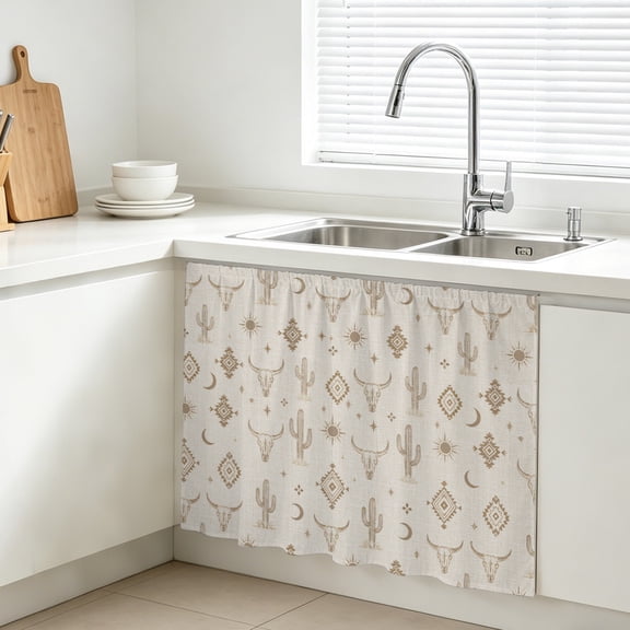 Retro Southwestern Cabinet Curtains for Kitchen 10"W x 11"L, Bull Skull Cactus Sun Geometric Beige Linen Under Sink Skirt Magic Tape Short Curtain Decorative Privacy Panel for Bathroom Laundry