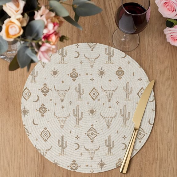 Retro Southwestern Round Braided Placemats Set of 1, Bull Skull Cactus Sun Geometric Beige Linen Heat Insulation Place Mats Washable Non-Slip Table Mats for Kitchen Dining Party, 13 Inches