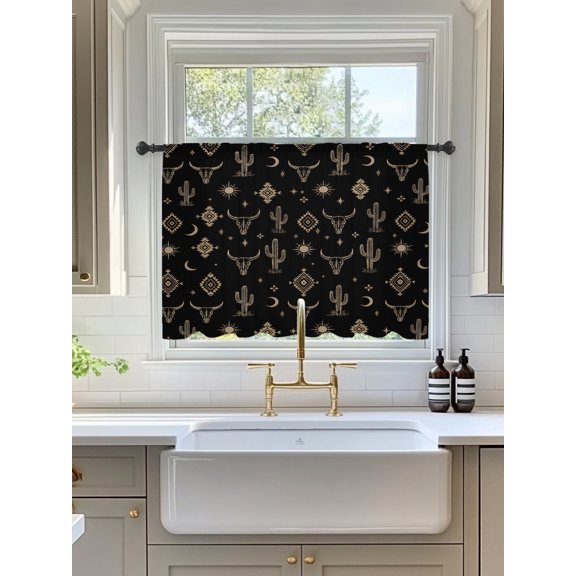 Retro Southwestern Sheer Curtains 45 Inch Long 1 Panel Bull Skull Cactus Sun Geometric Beige Black Rod Pocket Voile Curtains Light Filtering Small Window Treatments for Kitchen Basement 52" x 45"