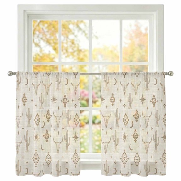 Retro Southwestern Sheer Curtains 45 Inch Long 2 Panels Bull Skull Cactus Sun Geometric Beige Linen Light Filtering Rod Pocket Curtains, Sheer Voile Drapes for Living Room Bedroom 52"x45"