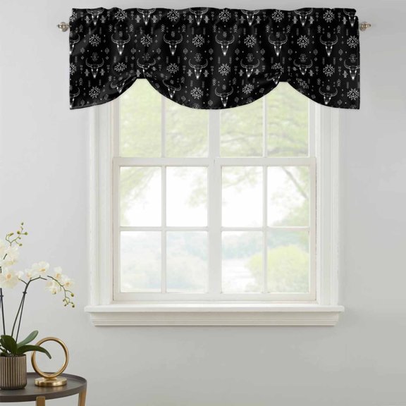 Retro Southwestern Tie Up Valances Curtain, Bull Skull Tribal Geometric Black White Kitchen Valances for Windows Decor, Rod Pocket Short Curtains Set for Bedroom/Bathroom, 54"x18"