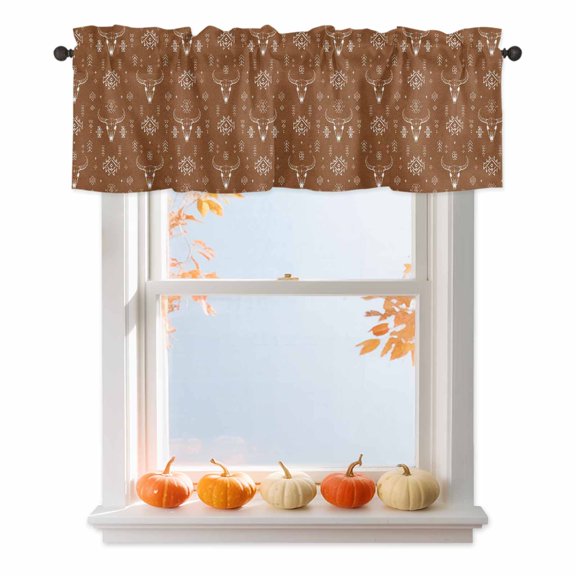 Retro Southwestern Valances for Windows, Bull Skull Tribal Symbol Geometric Brown Linen Rod Pocket Valance Short Window Treatments Curtains for Kitchen Bathroom Bedroom Decor, 60 x 18 Inches