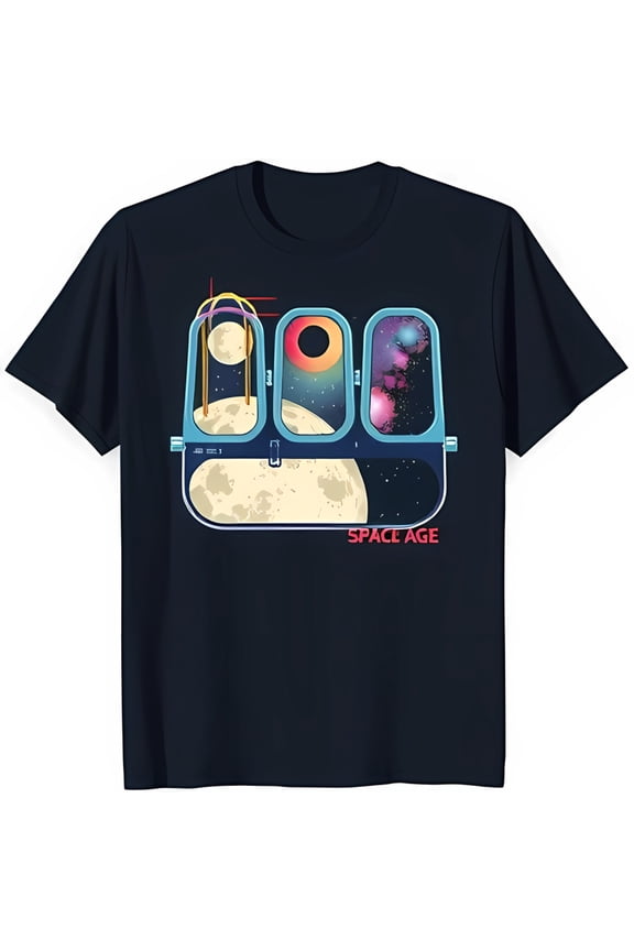 Retro Space Age Blue T-Shirt with Moon Black Hole & Star Windows