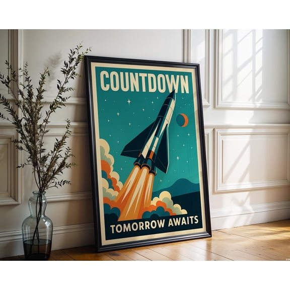 Retro Space Age Rocket Fine Art Poster, Mid Century Futuristic Wall Decor, Poster Only