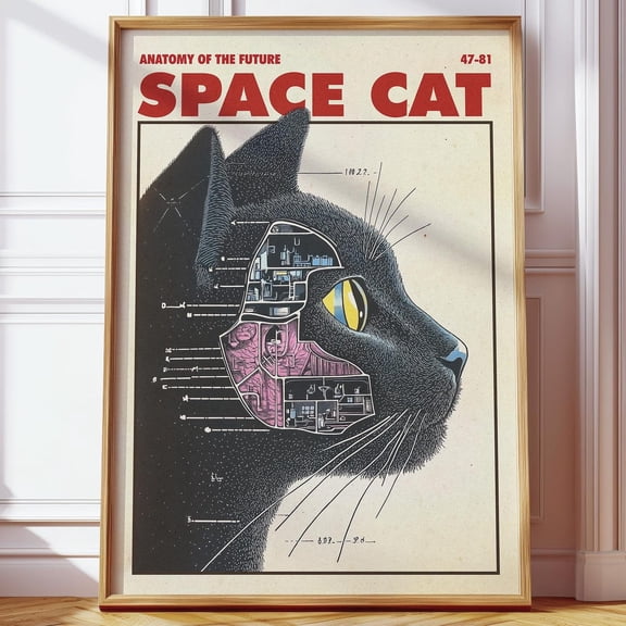 Retro Space Cat Anatomy Poster, Vintage Cat Wall Art, Futuristic Cat Sci-Fi Feline Print, Cat Biology Decor Wall Art, Modern Wall Decor, 16x24 UNFRAMED