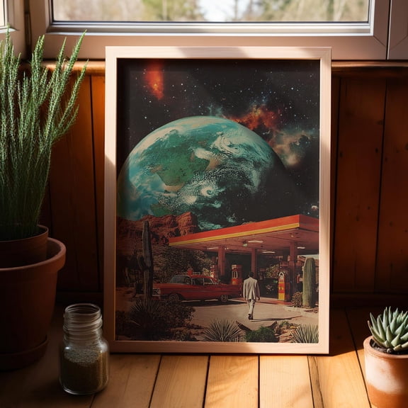 Retro Space Gas Station Wall Art, Colorful Sci Fi Decor, Stretched Canvas Size 16x24