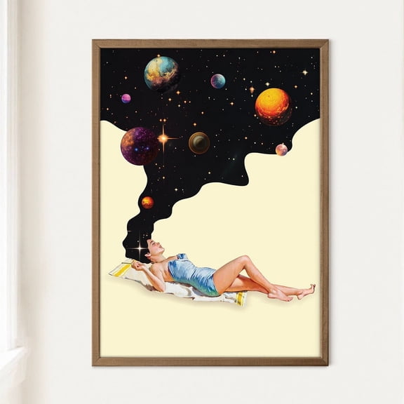 Retro Space Poster: Surreal Galaxy Art Beige & Black Print