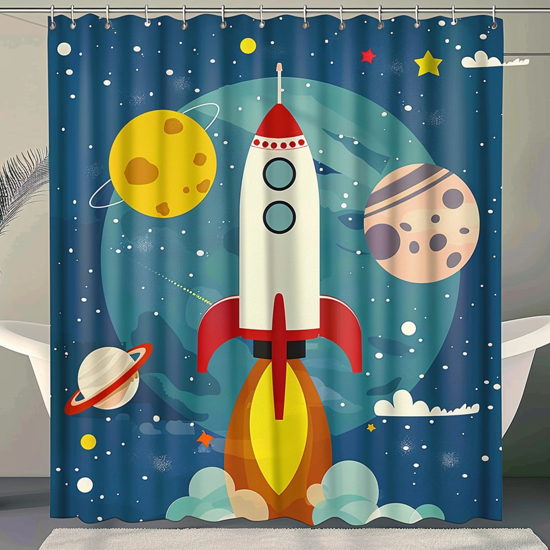 Retro Space Rocket Ship Planets Moon Shower Curtain Fun Cartoon Design ...