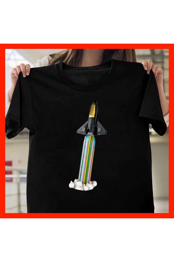 Retro Space Shuttle Launch T-Shirt LEGO Inspired Rainbow Rocket Blast Off Tee Sci-Fi Adventure Apparel T1404, Softstyle for Unisex, Inclusive Sizing to 5XL