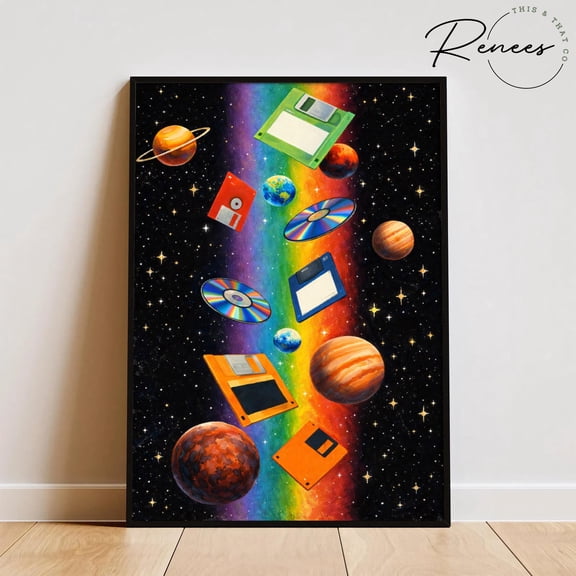 Retro Space Tech Art Print, Cosmic Floppy Disk Poster, Vintage Media Illustration, 90s Tech Art, Poster Only