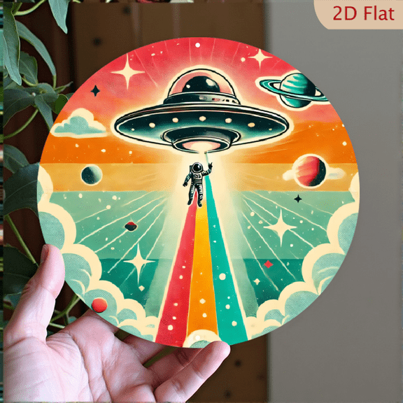 Retro Space UFO Wall Art, 8x8 Inch Round Aluminum Metal Sign, Mid-Century Sci-Fi Astronaut Beaming Up Decor for Home Office Living Room Wall Decoration