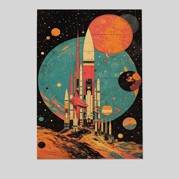 Retro Space Wall Art, Futuristic City Illustration, Vintage Sci Fi Canvas, Cosmic Space Home Decor Full Size 24''x36'' The Future Box