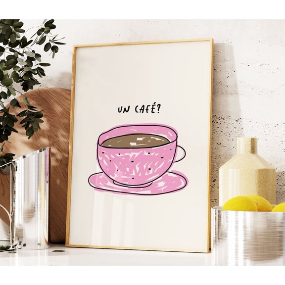 Retro Spanish Coffee Art Print Un Caffe Print Maximalist Kitchen Print Minimalist Coffee Cute Pink Mug Print Kitchen Decor