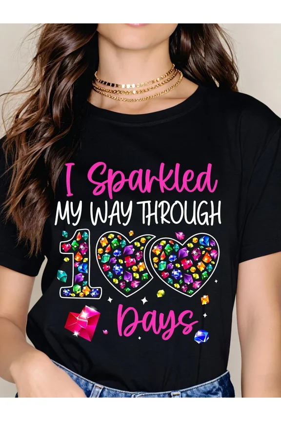 Retro Sparkle 100 Days of School T-Shirt for Teachers and Students, Cute Heart Gem Graphic Tee, Colorful Diamond Celebration Top, Funny Classroom Milestone Apparel