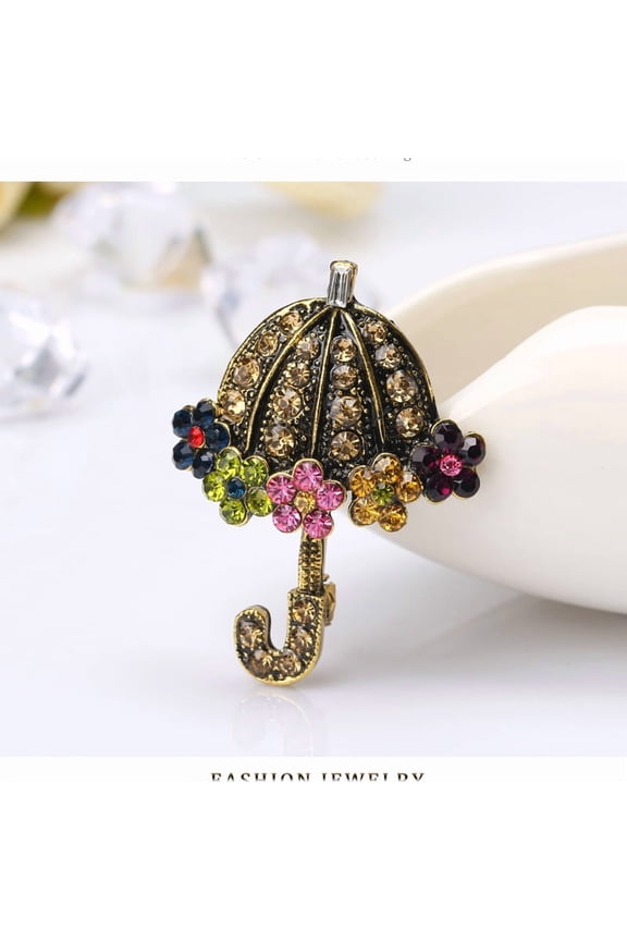 Retro Rain Umbrella Brooch 3.2cm x 4.2cm Sparkling Crystal Statement Pin for Blazers Cardigans and Coats Womens Fashion Jewelry Christmas Gift