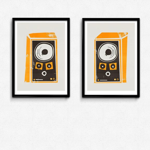 Retro Speaker Prints Mid-Century Modern Music Room Wall Art Set 2