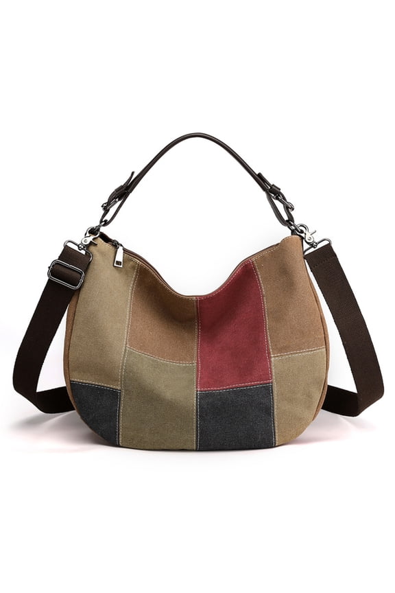 Retro Spliced ​​handbag Fashionable Shoulder Crossbody Bag Women's Large Capacity Canvas Contrasting Color Women's Bag