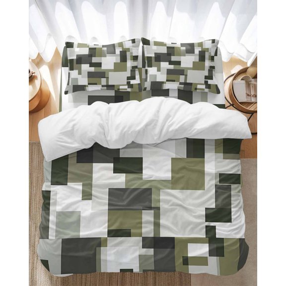 Retro Splicing Modern Art Bedding Duvet Cover Set King Size 4 Pieces Green Gray Watercolor Bedding Set with Zipper Closure, 1 Comforter Cover 92x106 Inches 1 Flat Sheet & 2 Pillow Cases