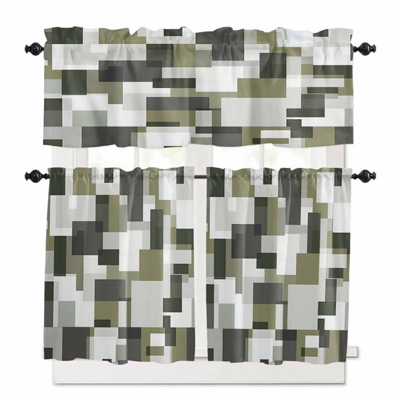 Retro Splicing Modern Art Kitchen Curtains and Valances Set, Green Gray Watercolor Rod Pocket Window Valance 18 Inch Window Curtain Panels for Living Room Bedroom Laundry, 27.5x24in, 3 Pieces