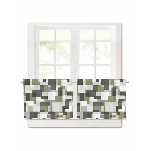 Retro Splicing Modern Art Short Blackout Curtains 30 Inch Long Green Gray Watercolor Rod Pocket Kitchen Curtains, 2 Panels Thermal Insulated Room Darkening Drapes for Bedroom, 42"W x 30"L