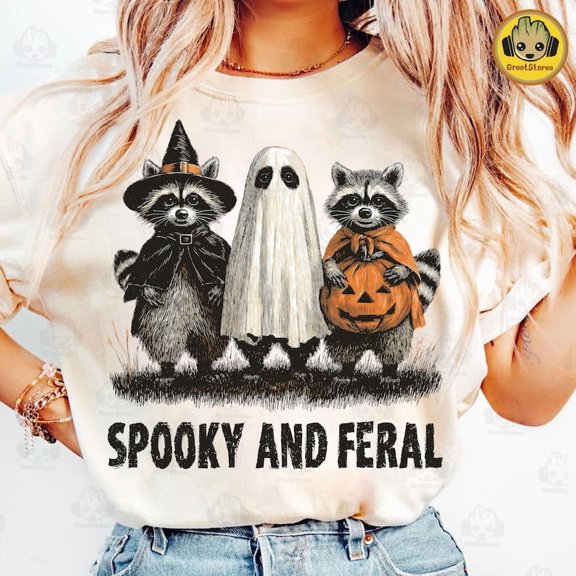 Retro Spooky And Feral Raccoon Shirt, Halloween Raccoon Shirt, Creepy Cute Raccoon Ghost Shirt, Feral Girl Shirt, Halloween Mama Shirt Shirt